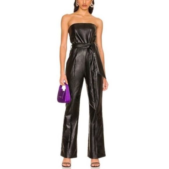 MAJORELLE Pants - Majorelle Revolve Women’s Chloe Black Vegan Faux Leather Flared Leg Jumpsuit XL